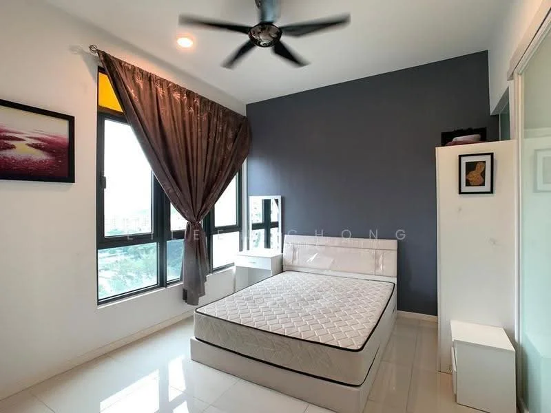 Bedroom features: queen-size bed, white mattress, dark grey accent wall, white painted walls, floor-to-ceiling windows, sheer curtains, ceiling fan, white bedside table, white dresser, tile flooring, decorative artwork on wall; style: modern; view: city.