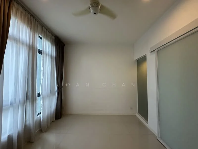 Room features: floor-to-ceiling windows, sheer curtains, white painted walls, light-colored flooring, ceiling fan, sliding glass door, neutral color scheme; style: modern.