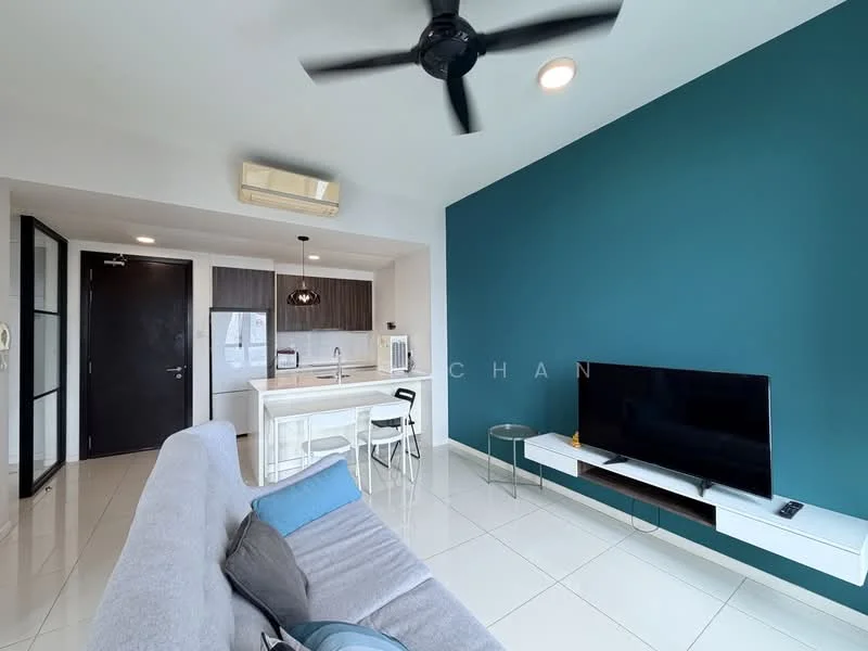 Living features: grey fabric sofa, blue accent wall, white wall, flat-screen TV on wall-mounted unit, white media console, ceiling fan with light, recessed downlights, tile flooring, open layout to kitchen, air conditioning unit, black dining chairs, white dining table; style: modern. Kitchen features: kitchen island, stainless-steel refrigerator, built-in cabinets, white countertop, microwave, kitchen appliances visible; style: modern.