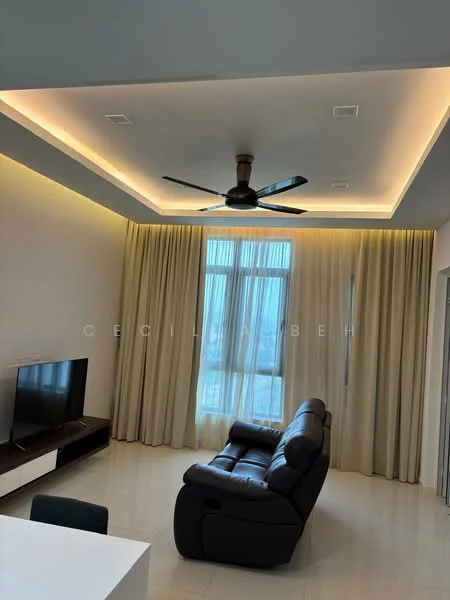Living features: 5-blade ceiling fan with light, recessed downlights, cream painted walls, floor-to-ceiling windows, sheer curtains, light-coloured tile flooring, TV console, wall-mounted TV, leather recliner sofa, decorative wall lighting, open shelving, area rug; style: modern; view: city.