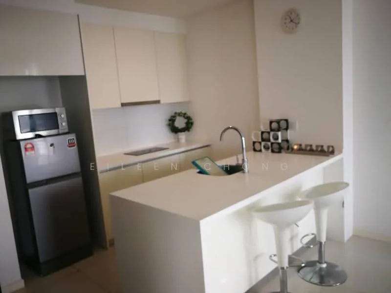 Kitchen features: white cabinetry, stainless-steel fridge, built-in oven, 4-burner gas hob, single-bowl stainless-steel sink, chrome pull-down faucet, white countertop, bar seating with two white stools, wall clock, decorative wall wreath, under-cabinet lighting, tile backsplash; style: modern.