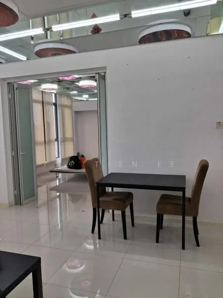 Dining features: dining table with black surface, 2 upholstered dining chairs in brown, white painted walls, glossy white tile flooring, recessed ceiling lights, sliding glass door, large window with natural light, decorative ceiling feature; style: modern.