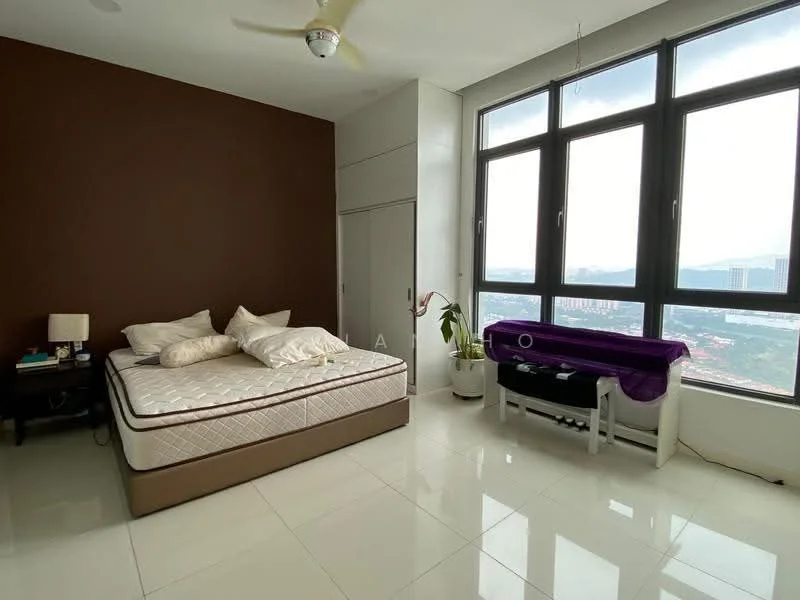 Bedroom features: king-size bed, upholstered headboard, white bedding, nightstand with lamp, built-in wardrobe, floor-to-ceiling windows, city view, white tiled flooring, ceiling fan, purple tablecloth, plant in ceramic pot; style: modern; view: city.
