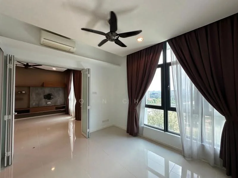 Living features: white painted walls, glossy tile flooring, 5-blade ceiling fan with light, floor-to-ceiling windows, sheer curtains, dark brown curtains, wall-mounted TV, built-in cabinetry, recessed downlights; style: modern; view: city.