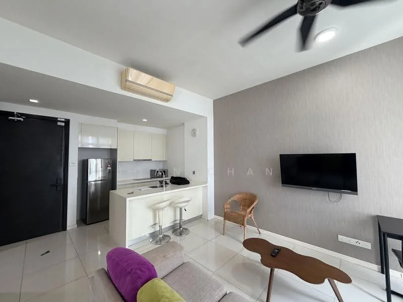 Living features: white painted walls, grey accent wall, marble tile flooring, 5-blade ceiling fan with light, wall-mounted TV, sofa in light grey fabric, coffee table, refrigerator, kitchen island with bar stools, kitchen cabinetry in white, built-in oven, microwave, pendant lighting; style: modern.