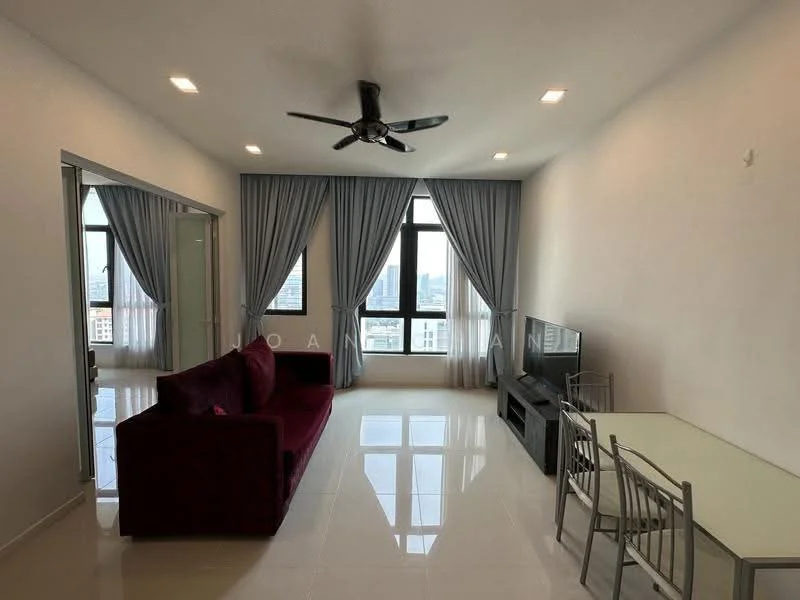 Living features: 3-seater fabric sofa in burgundy, glass coffee table, TV console, wall-mounted TV, floor-to-ceiling windows, sheer curtains, grey curtains, recessed LED downlights, ceiling fan with light, white painted walls, glossy tile flooring; style: modern; view: city.