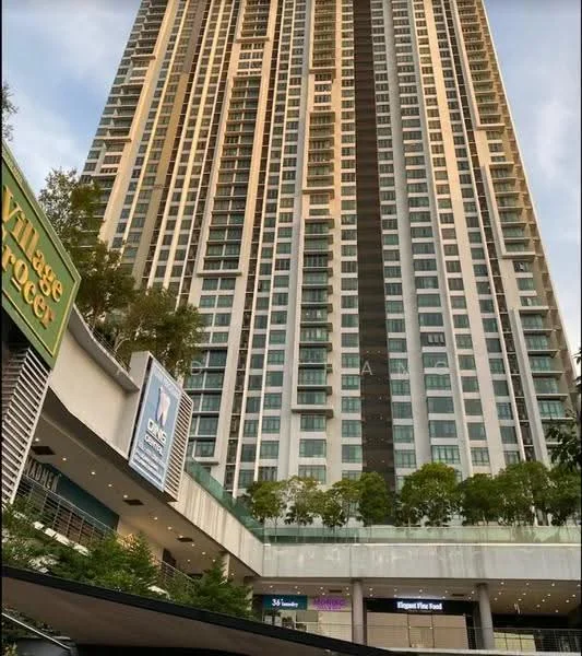 Exterior type: high-rise condominium; features: glass curtain wall, greenery along the base, multiple balconies, vertical fins, commercial space at ground level, signage visible on the building, surrounded by landscaped areas; style: modern.
