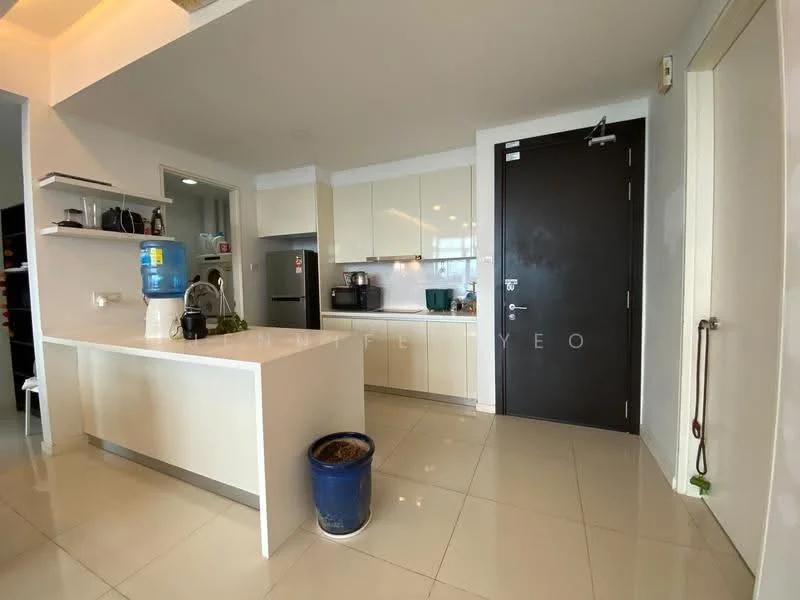 Kitchen features: white cabinetry, marble countertop, stainless-steel sink, chrome pull-down faucet, built-in microwave, freestanding range oven, refrigerator, water dispenser, tile flooring, wall-mounted cabinets, open shelving, door to hallway, decorative potted plant; style: modern.