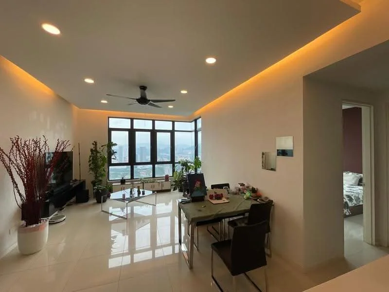 Living features: floor-to-ceiling windows, grey ceiling with recessed downlights, 5-blade ceiling fan, white painted walls, glossy tile flooring, black TV console, decorative plants, dining table with chairs, decorative items on table, open layout, city view, wall-mounted artwork; style: modern; view: city. Room features: bed with patterned bedding, white walls, doorway leading to another room.