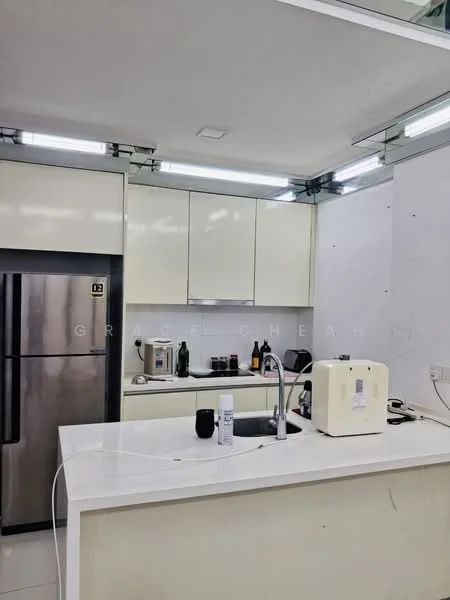 Kitchen features: white cabinetry, stainless-steel fridge, built-in oven, microwave, white countertop, single-bowl stainless-steel sink, chrome pull-down faucet, wall-mounted lighting, tile backsplash, open shelving, kitchen island; style: modern.