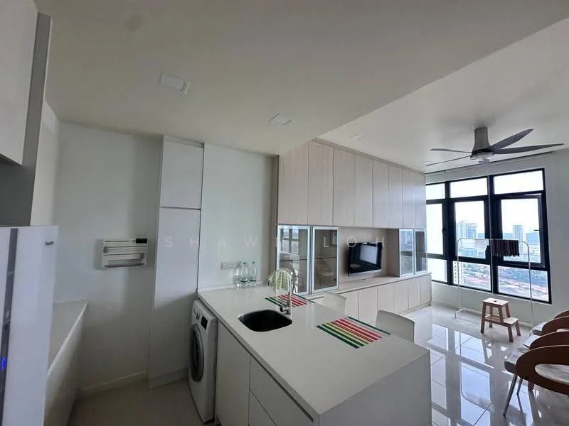 Kitchen features: white cabinetry, black countertop, single-bowl stainless-steel sink, chrome pull-down faucet, built-in oven, freestanding range oven, stainless-steel fridge, front-load washing machine, pendant lighting, 5-blade ceiling fan, floor-to-ceiling windows, tile flooring, open layout, kitchen island with seating; style: modern; view: city.