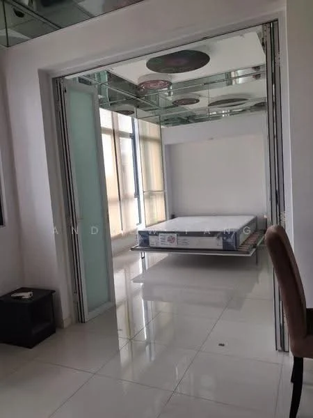 Room features: white painted walls, mirror ceiling, large windows, white tiled flooring, bed frame without mattress, sliding glass doors, minimalist decor, modern design; style: modern.