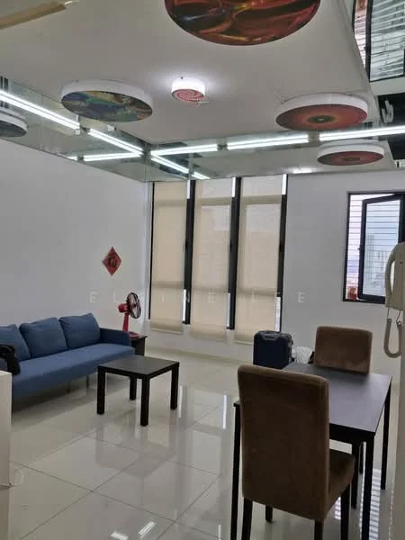 Living features: blue fabric sofa, black coffee table, brown upholstered dining chairs, dining table, white painted walls, glossy tile flooring, ceiling lights, wall-mounted fan, large windows with blinds, decorative ceiling panels; style: modern.