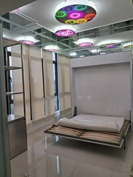 Bedroom features: large floor-to-ceiling windows, white painted walls, glossy tile flooring, modern ceiling light with colorful design, built-in wardrobe with glass doors, minimalist bed frame without mattress, sheer window blinds, mirror on ceiling; style: modern; view: city.