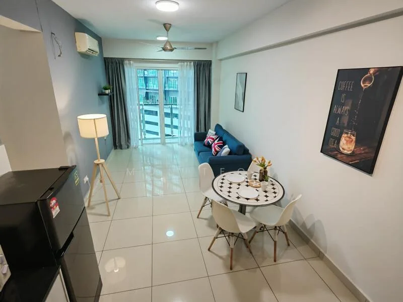 Living features: grey fabric sofa, decorative cushions, round dining table, 4 white dining chairs, floor lamp, framed wall art, sliding glass door, curtains, wall-mounted air conditioning unit, tile flooring, ceiling light fixture, open layout, access to balcony; style: modern; view: city.