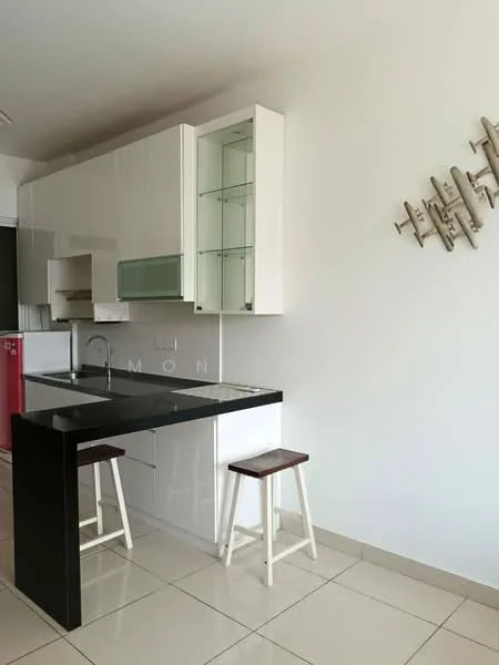 Kitchen features: white glossy cabinetry, black countertop, single-bowl stainless-steel sink, chrome pull-down faucet, built-in oven, ceramic tile flooring, two wooden stools, glass-front upper cabinets, open shelving, white painted walls; style: modern.