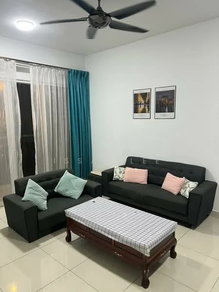 Living features: 3-seater fabric sofa in dark grey, 2-seater fabric sofa in dark grey, coffee table with wooden legs and checkered top, ceiling fan with 5 blades, white painted walls, cream tiled flooring, floor-to-ceiling windows with sheer curtains, curtains in teal, framed artwork on walls, decorative cushions in light green and white; style: modern.