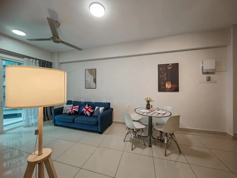 Living features: 3-seater fabric sofa in blue, decorative cushions with Union Jack pattern, round dining table, 4 white dining chairs, floor lamp with wooden base, ceiling fan, recessed ceiling lights, sliding glass door, white painted walls, glossy tile flooring, wall-mounted air conditioning unit, framed artwork on wall; style: modern.