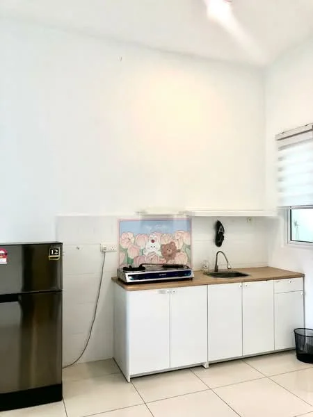 Kitchen features: white painted walls, white cabinetry, wood countertop, stainless-steel fridge, single-bowl stainless-steel sink, chrome pull-down faucet, tile flooring, window with blinds, artwork on wall; style: modern.