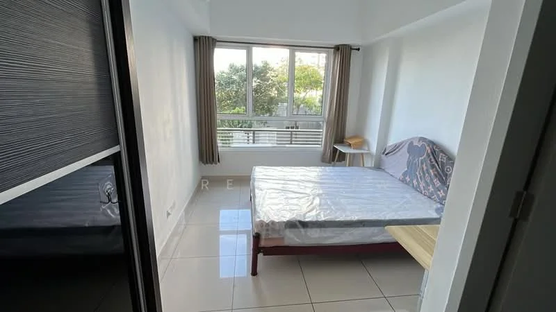 Bedroom features: queen-size bed, white painted walls, large window with view of greenery, curtains, tile flooring, built-in wardrobe, wooden bedside table, light-colored bedding; style: modern; view: garden.