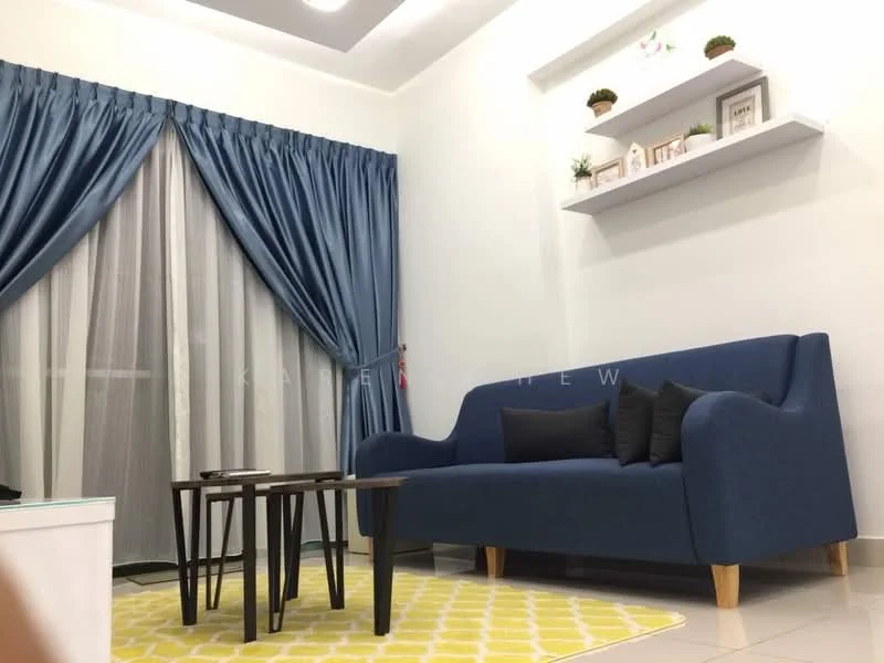 Living features: blue fabric sofa, black throw pillows, white coffee table, set of three small coffee tables, yellow area rug with geometric pattern, floor-to-ceiling curtains in blue, white walls, recessed ceiling lights, shelf with decorative items; style: modern.
