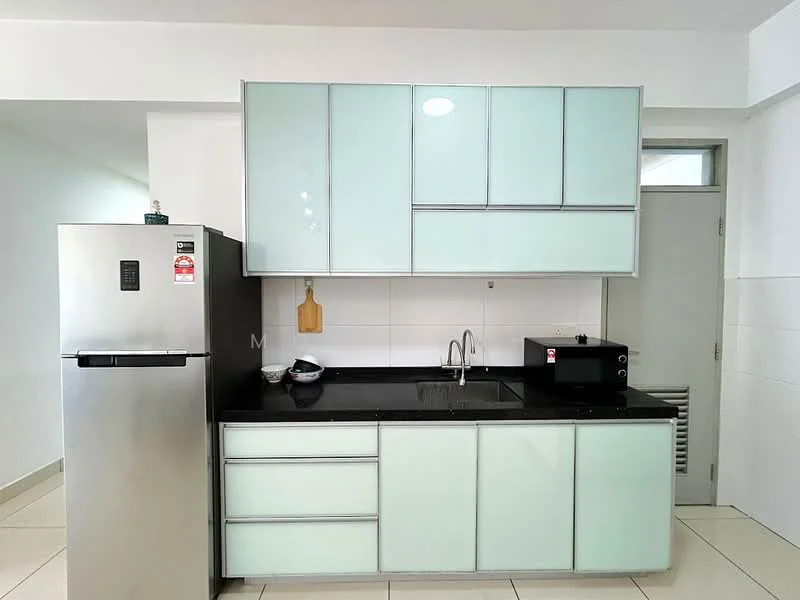Kitchen features: stainless-steel fridge, black granite countertop, single-bowl stainless-steel sink, chrome pull-down faucet, glass-front upper cabinets, flat-panel lower cabinets, built-in microwave, tile backsplash, white tiled walls, cream tiled flooring, recessed ceiling lights; style: modern.