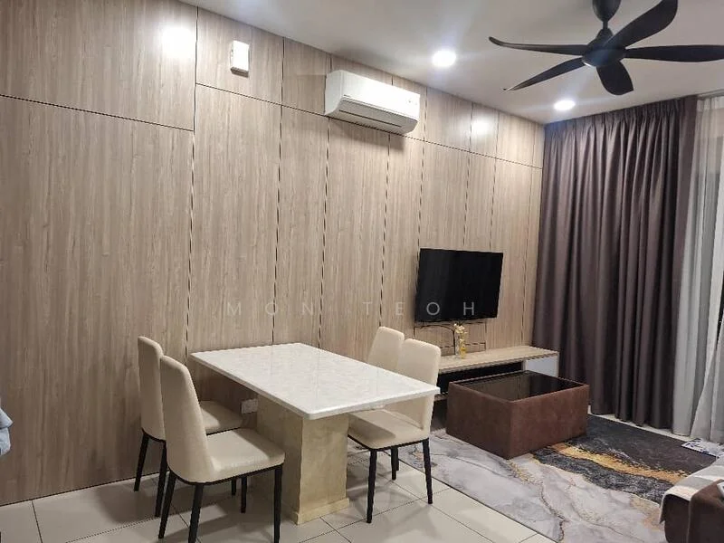 Living features: light wood panelled walls, cream tiled flooring, 5-blade ceiling fan, wall-mounted TV, glass coffee table, 4-seater dining table with cream chairs, curtains, air conditioning unit; style: modern.