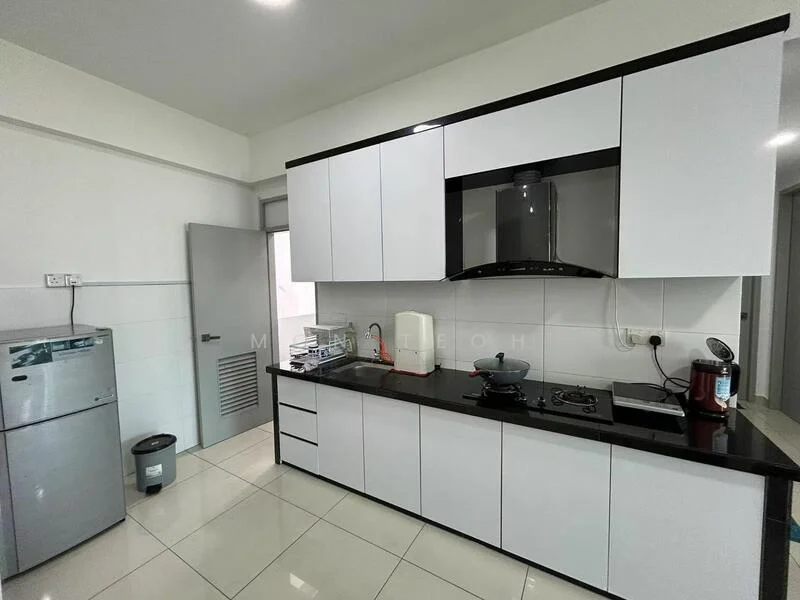 Kitchen features: white flat-panel cabinets, black granite countertop, stainless-steel sink, chrome pull-down faucet, built-in gas hob, built-in range hood, microwave, refrigerator, ceramic tile flooring, white tiled backsplash, under-cabinet lighting, wall-mounted cabinet, open shelving; style: modern.