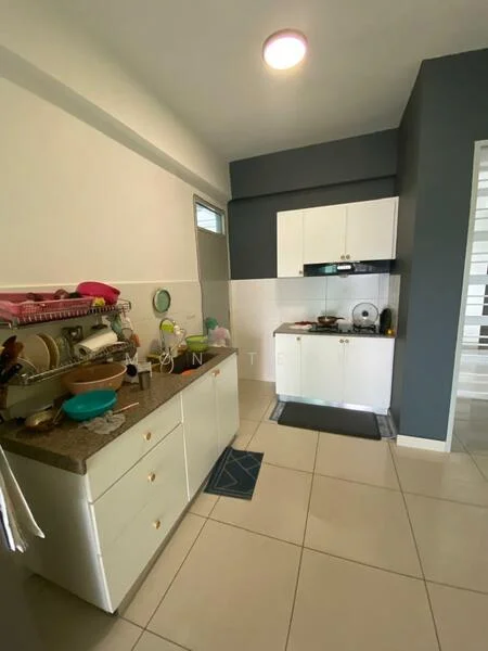 Kitchen features: white cabinetry, granite countertop, stainless-steel sink, chrome pull-down faucet, ceramic tile flooring, wall-mounted cabinets, open shelving, window above sink, kitchen utensils on countertop, dish rack, blue area rug; style: modern.