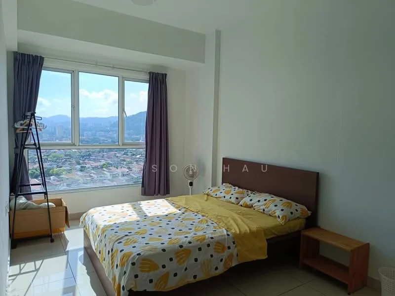 Bedroom features: queen-size bed with yellow and white patterned bedding, floor-to-ceiling windows, curtains in dark grey, wooden bedside table, wooden storage unit, white painted walls, glossy tile flooring, ceiling fan; style: modern; view: city.
