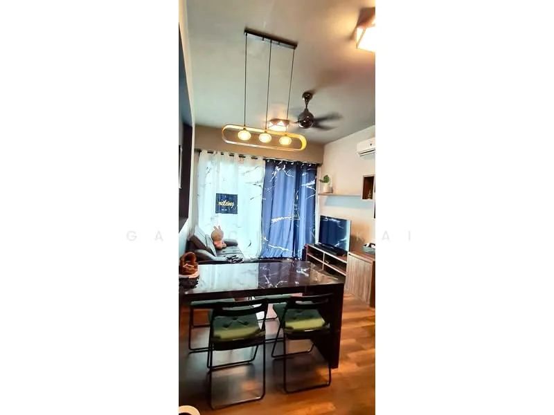 Living features: 3-seater sofa, coffee table, TV console, wall-mounted TV, floor-to-ceiling windows with sheer curtains, blue curtains, ceiling fan with light, wooden flooring, decorative wall art, built-in shelving unit; style: modern.