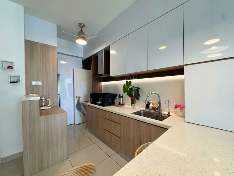 Kitchen features: white glossy cabinets, wooden cabinetry, quartz countertop, single-bowl stainless-steel sink, chrome pull-down faucet, built-in oven, stainless-steel refrigerator, pendant lighting, ceiling fan, tile flooring, open shelving, decorative plants; style: modern.