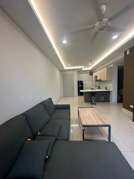 Living features: L-shape sectional sofa in dark grey, wood coffee table, recessed LED downlights, ceiling fan, white painted walls, glossy tile flooring, open-plan layout to kitchen, floor-to-ceiling windows, kitchen island with seating; style: modern. Kitchen features: stainless-steel fridge, built-in oven, freestanding range oven, white cabinetry, light-colored countertops, pendant lighting, open shelving; style: modern.