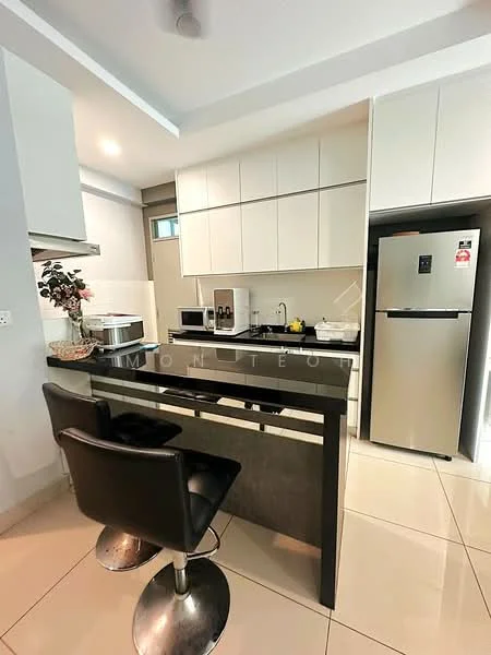 Kitchen features: white cabinetry, black countertop, stainless-steel fridge, built-in microwave, ceramic tile flooring, single-bowl stainless-steel sink, chrome pull-down faucet, kitchen island with seating, wall-mounted cabinets, recessed lighting, window for natural light; style: modern.