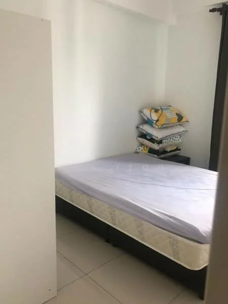 Bedroom features: queen-size bed, white walls, tile flooring, black bedside table, stacked bedding and pillows, curtains, built-in wardrobe, natural light from window.