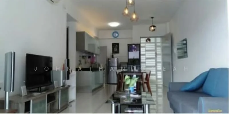 Living features: grey fabric sofa, glass coffee table, wall-mounted TV, TV console with storage, pendant lighting, white painted walls, tile flooring, open layout to kitchen and dining area; style: modern. Kitchen features: stainless-steel fridge, built-in oven, 4-burner gas hob, kitchen cabinets with flat-panel design, grey countertop, tile backsplash, single-bowl stainless-steel sink, chrome pull-down faucet; style: modern. Dining features: wood dining table, 4 dining chairs, decorative wall art, open layout to living area; style: modern.