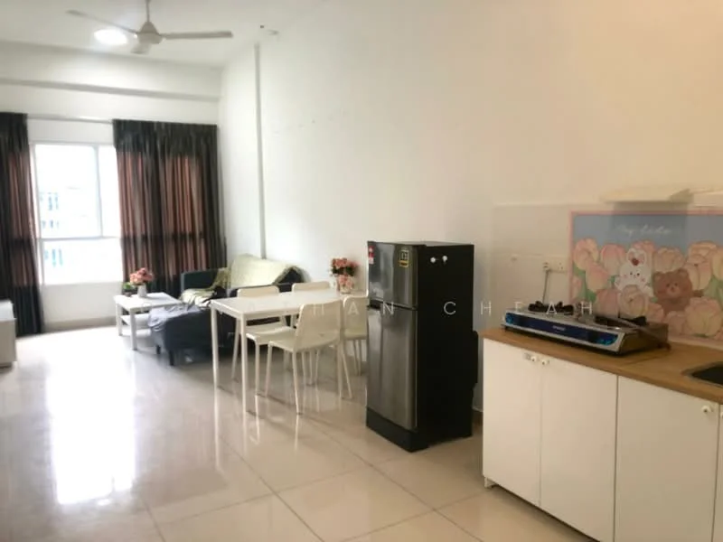 Living features: white painted walls, ceramic tile flooring, 5-blade ceiling fan, floor-to-ceiling windows, blackout curtains, sofa in green fabric, 4-seater dining table, white dining chairs, refrigerator, kitchen countertop, kitchen sink, kitchen appliances; style: modern.