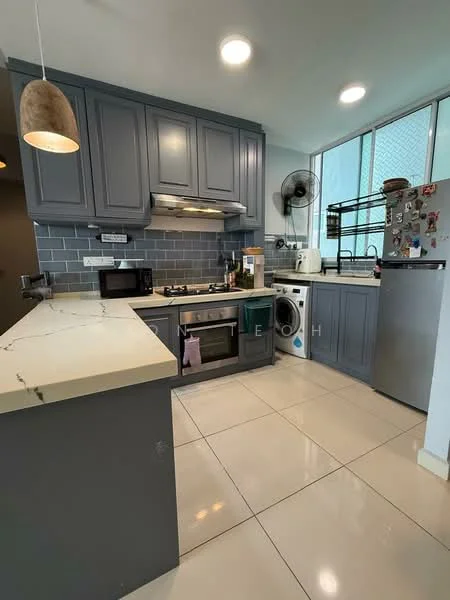 Kitchen features: grey shaker cabinets, white marble countertop, stainless-steel sink, chrome pull-down faucet, built-in gas hob, built-in oven, microwave, stainless-steel fridge, washing machine, tile flooring, recessed downlights, wall-mounted fan, open shelving, decorative magnets on fridge; style: modern.