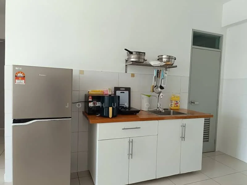 Kitchen features: stainless-steel fridge, white cabinetry, wood countertop, double-bowl stainless-steel sink, chrome pull-down faucet, built-in microwave, coffee machine, open shelving, tile backsplash, ceramic tile flooring, wall-mounted cabinet, kitchen utensils on rack; style: modern.