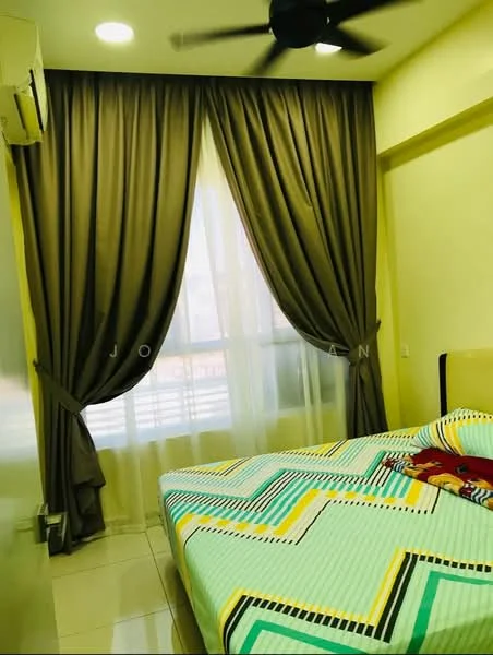 Bedroom features: queen-size bed with patterned bedding, floor-to-ceiling window, sheer curtains, dark brown curtains, ceiling fan, wall-mounted air conditioning unit, glossy tile flooring, light green painted walls; style: modern.
