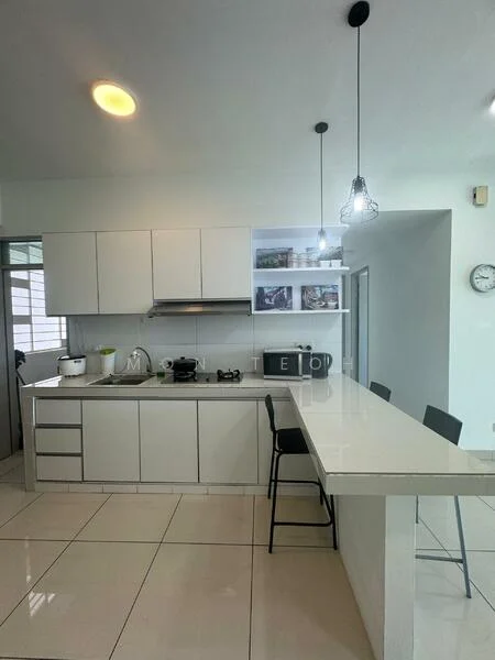 Kitchen features: white cabinetry, stainless-steel sink, chrome pull-down faucet, granite countertop, kitchen island with seating, built-in oven, gas hob, microwave, pendant lighting, ceramic tile flooring, wall-mounted cabinets, open shelving, recessed lighting, wall clock; style: modern.