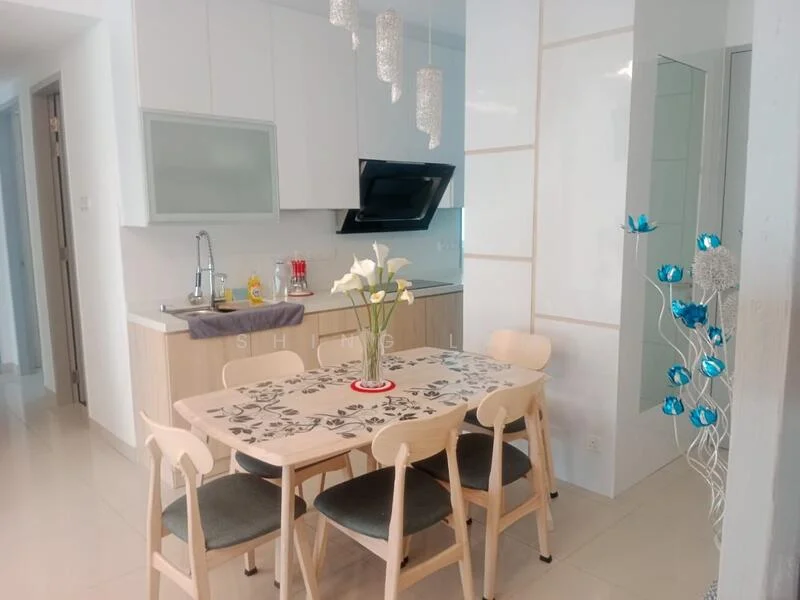 Kitchen features: white cabinetry, grey countertop, stainless-steel sink, chrome pull-down faucet, built-in oven, stainless-steel range hood, 4-burner gas hob, ceramic tile flooring, recessed downlights, dining table with floral tablecloth, 4 dining chairs, decorative vase with flowers; style: modern.