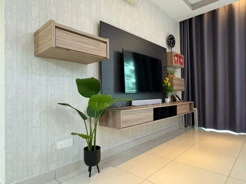 Living features: wall-mounted TV, floating TV console with wood finish, black and white cabinetry, decorative wall clock, grey curtains, white tiled flooring, green potted plant, textured wallpaper with light pattern, recessed ceiling lights; style: modern.