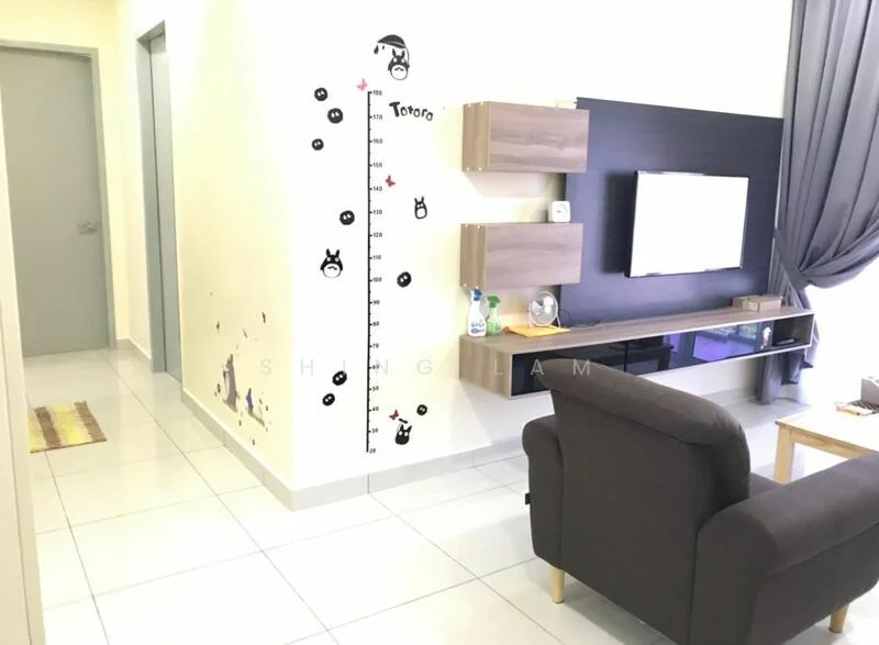 Living features: white painted walls, grey accent wall, ceramic tile flooring, recessed downlights, wall-mounted TV, floating TV console, decorative wall decals, curtains, sofa in dark grey, coffee table, area rug; style: modern.