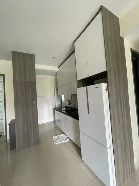 Kitchen features: white cabinetry with flat-panel design, grey laminate cabinetry, built-in refrigerator, black countertop, ceramic tile flooring, wall-mounted cabinets, open shelving, single-bowl stainless-steel sink, chrome pull-down faucet, recessed downlights; style: modern.