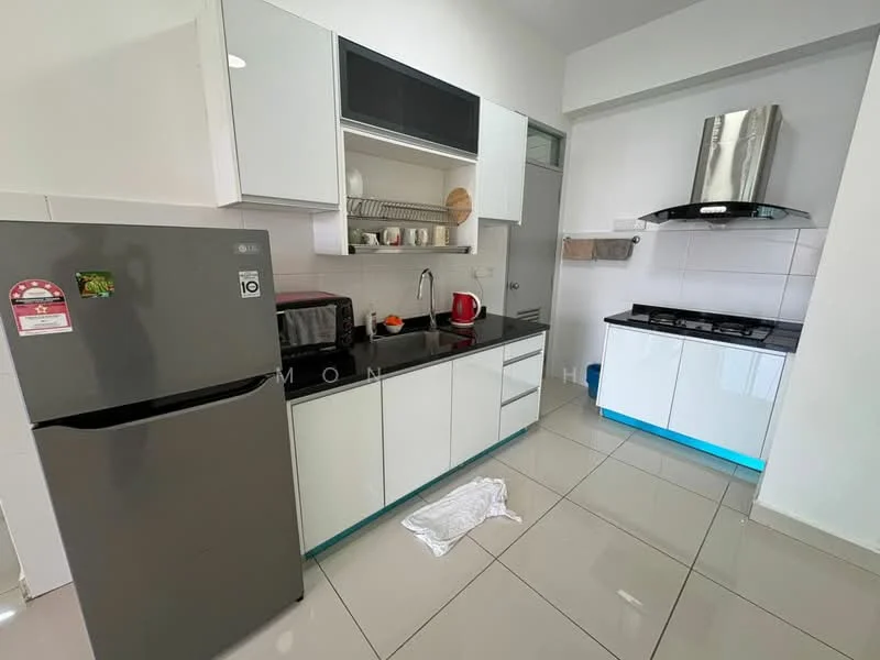 Kitchen features: black granite countertop, white cabinetry with flat-panel doors, stainless-steel sink, chrome pull-down faucet, built-in gas hob, stainless-steel range hood, stainless-steel fridge, open shelving, ceramic tile flooring, wall-mounted kitchen cabinet, dish rack, kitchen towel, white walls; style: modern.