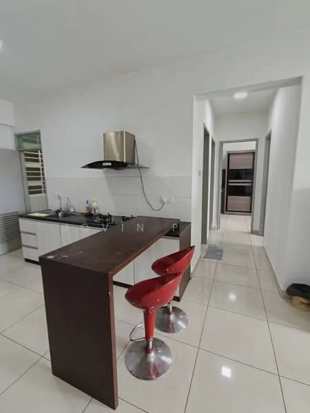 Kitchen features: white painted walls, glossy tile flooring, kitchen island with bar stools, stainless-steel range hood, built-in cabinets, countertop with space for appliances, recessed lighting, open layout to hallway; style: modern. Hallway features: white painted walls, glossy tile flooring, doorway leading to other rooms, recessed lighting; style: modern.