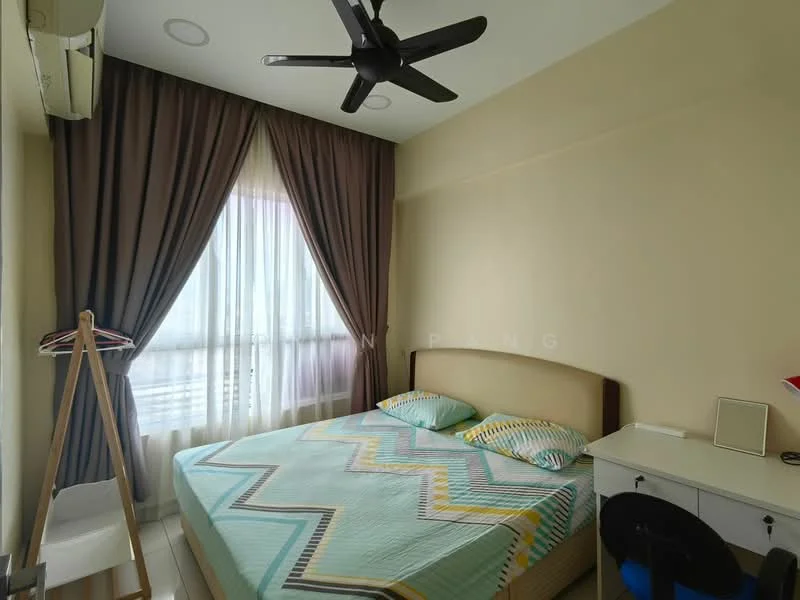 Bedroom features: king-size bed with upholstered headboard, bedding with geometric pattern, 2 bedside lamps, study desk, chair, floor-to-ceiling windows, sheer curtains, dark brown curtains, ceiling fan with light, air conditioning unit, light-colored walls, tile flooring; style: modern.