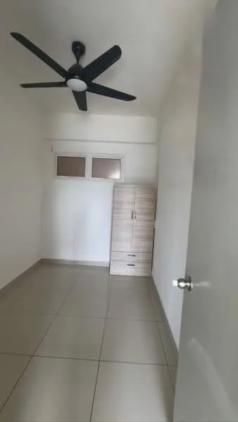 Room features: white painted walls, tile flooring, ceiling fan, two small windows, built-in wardrobe, neutral color scheme, door, light source; style: modern.
