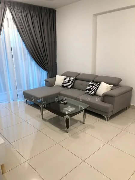 Living features: grey fabric sectional sofa, decorative cushions with stripes, glass coffee table with metallic legs, white walls, floor-to-ceiling windows, sheer curtains, ceramic tile flooring, recessed downlights; style: modern.